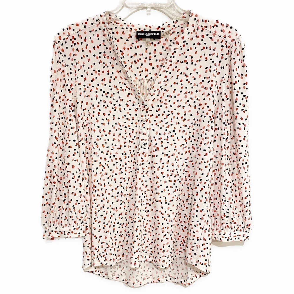 Karl Lagerfeld | Paris Henley Top Distressed Dot Spandex 3/4 Sleeve Size Small